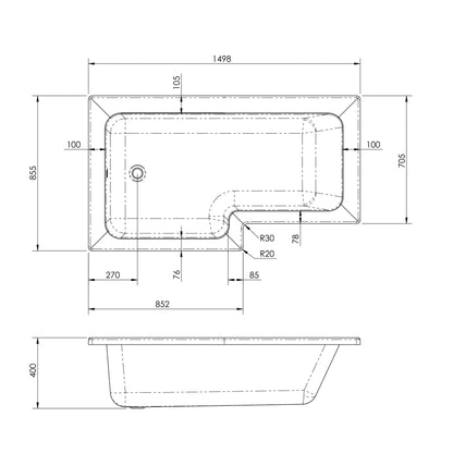 Fairford 1500 x 850mm L Shaped Left Hand Shower Bath