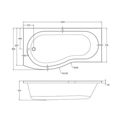 Fairford 1700 x 900mm B Shaped Left Hand Shower Bath