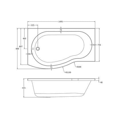 Fairford 1500 x 900mm B Shaped Left Hand Shower Bath