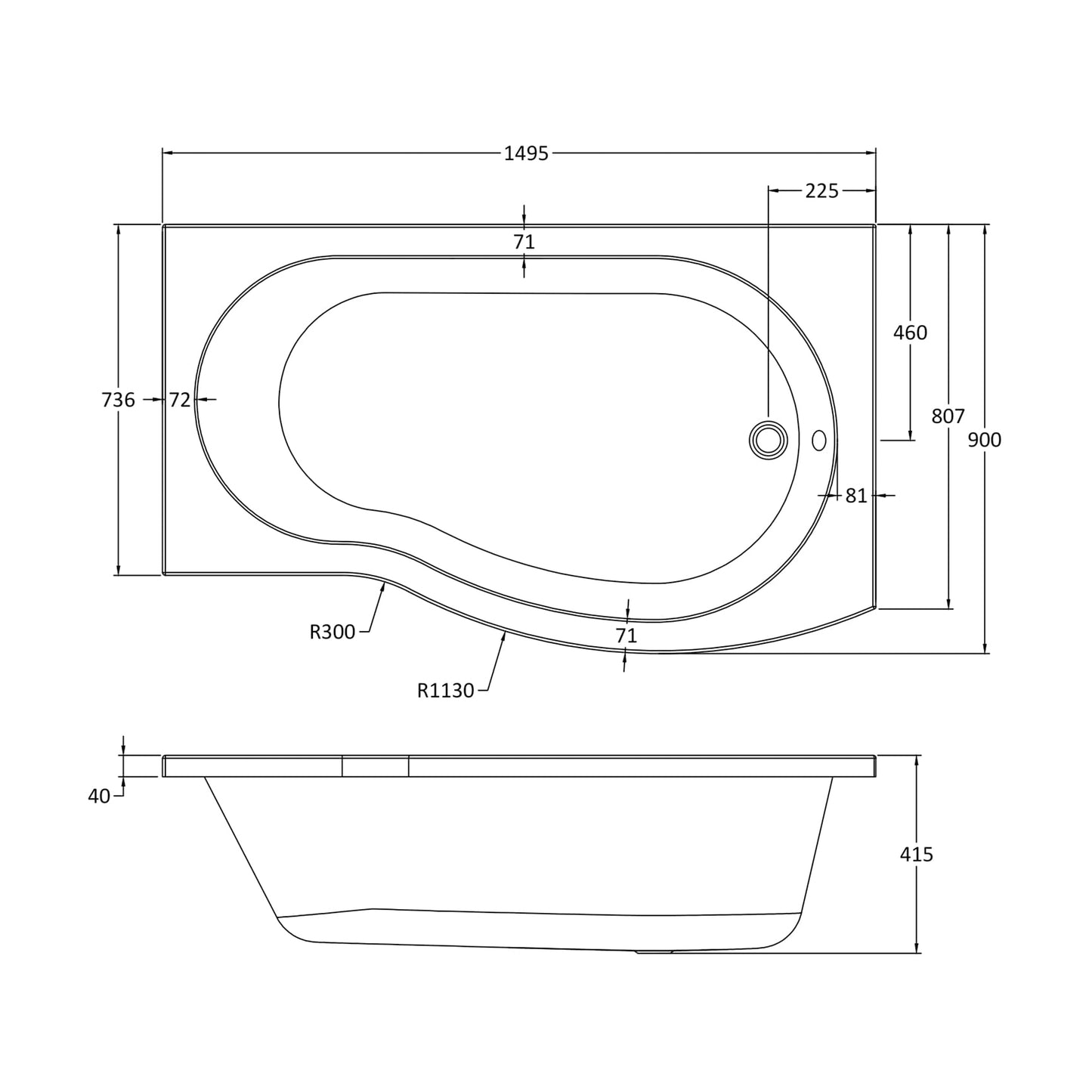 Fairford 1500 x 900mm B Shaped Right Hand Shower Bath