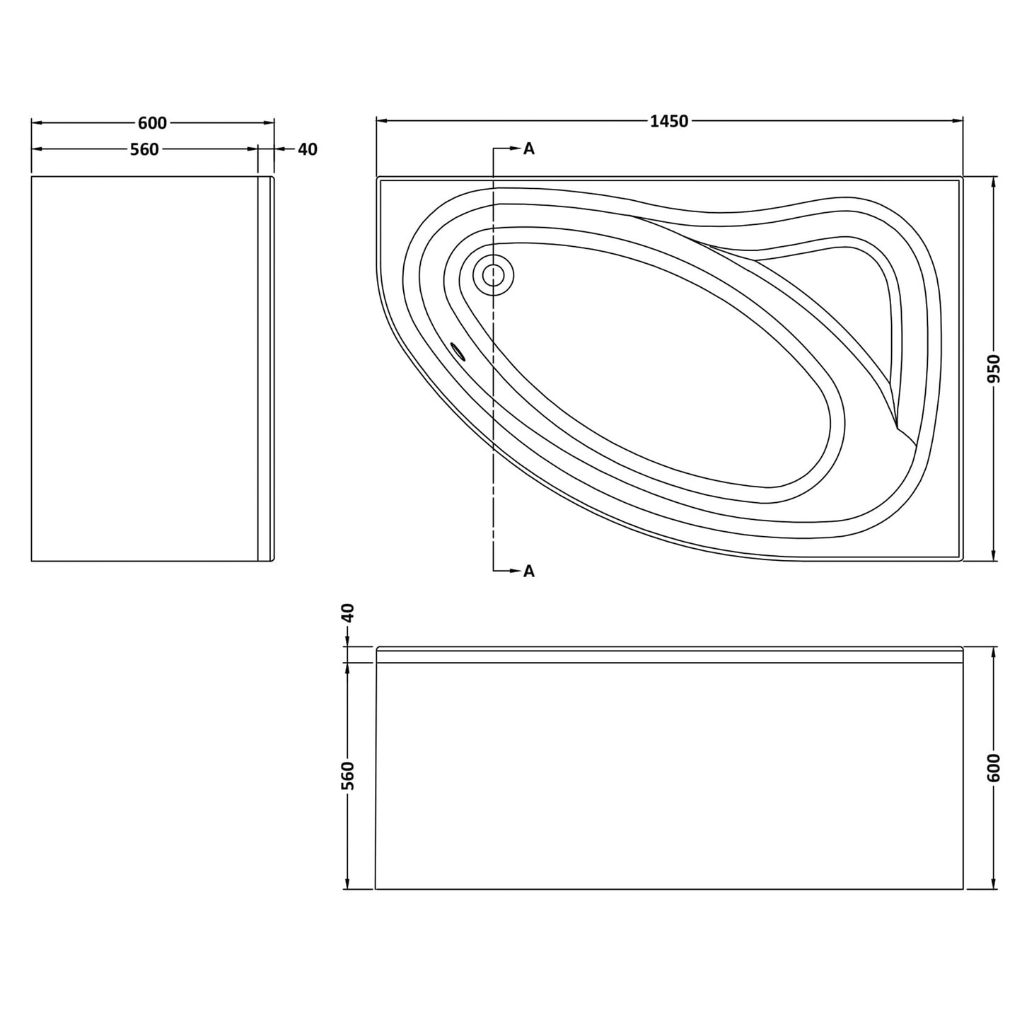 Fairford 1450 x 950mm RH Corner Bath