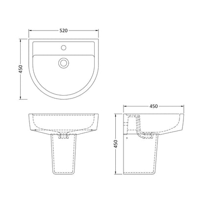 Fairford Handel 520mm 1TH Basin and Semi Pedestal
