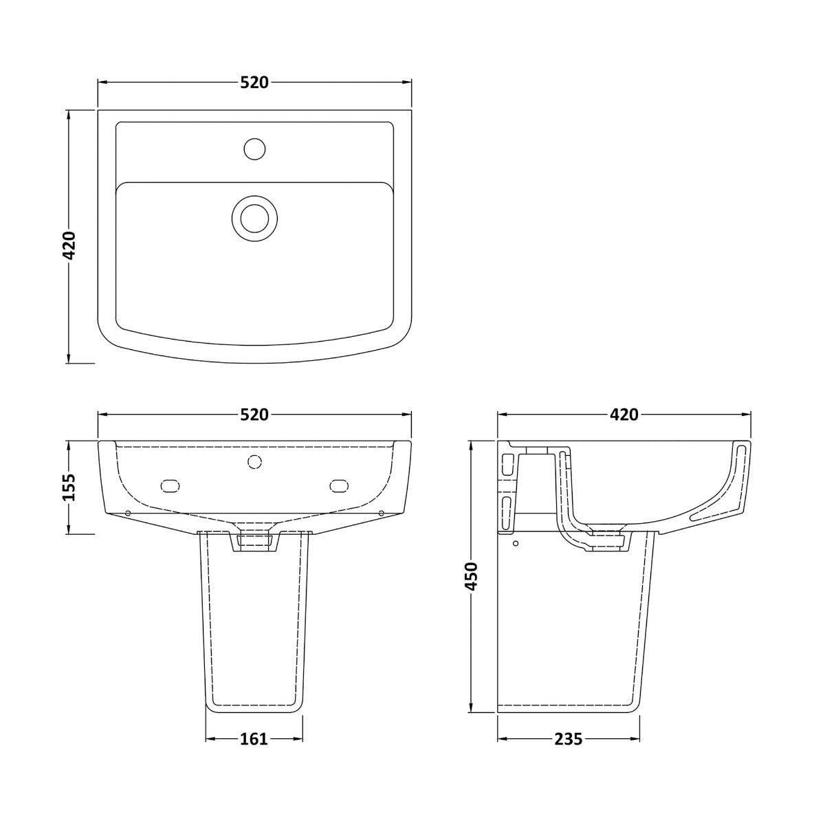 Fairford Mellow 520mm 1TH Basin and Semi-Pedestal