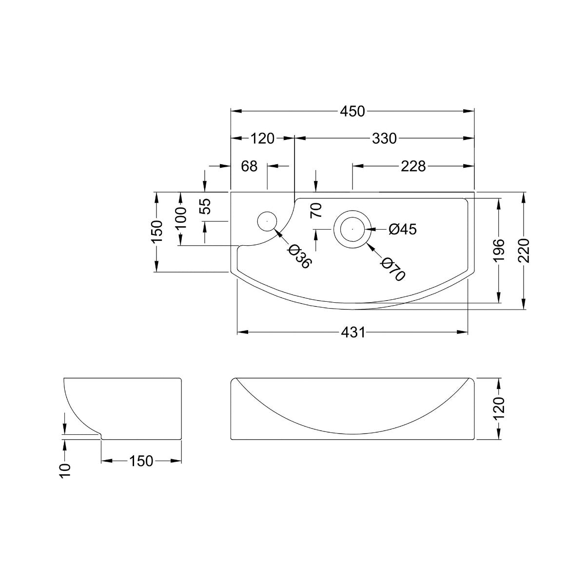 Fairford 450mm Left Hand Wall Hung Basin