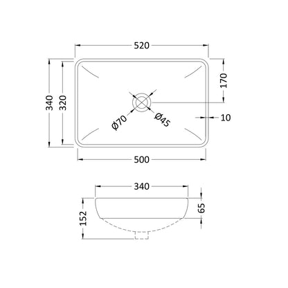 Fairford Finesse 0TH, 520 x 340 x 152mm Rectangular Vessel, Semi-Recessed