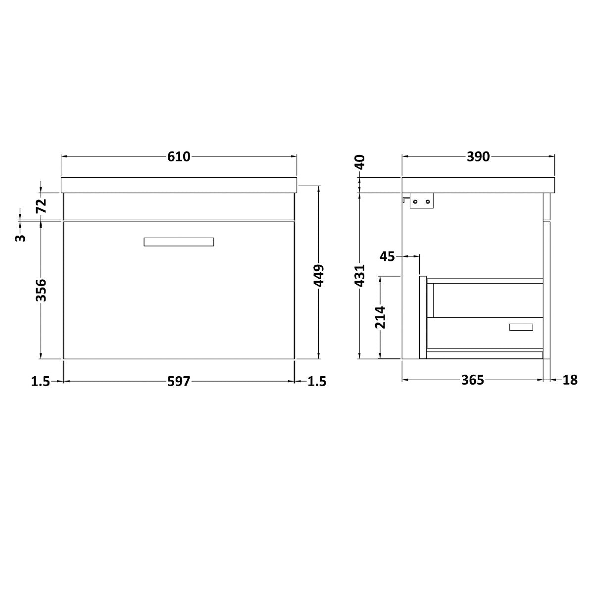 Fairford Carnation 600mm Gloss Grey Wall Hung 1 Drawer Vanity Unit