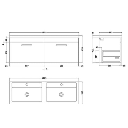 Fairford Carnation 1200mm Gloss Grey Wall Hung 2 Drawer Double Vanity Unit