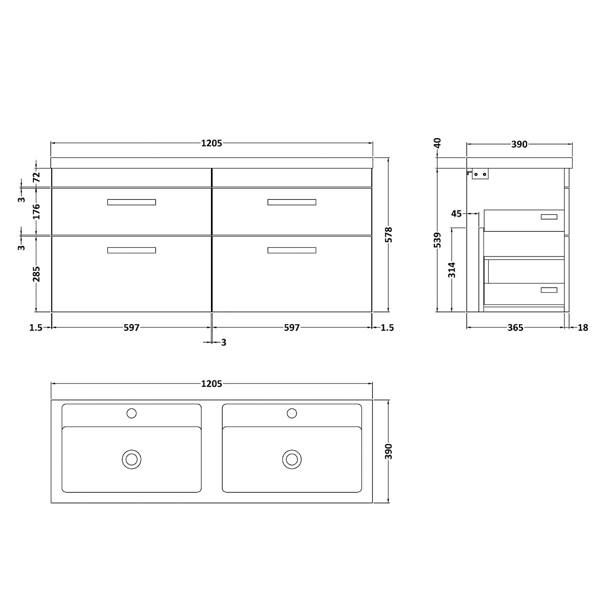 Fairford Carnation 1200mm Gloss Grey Wall Hung 4 Drawer Double Vanity Unit
