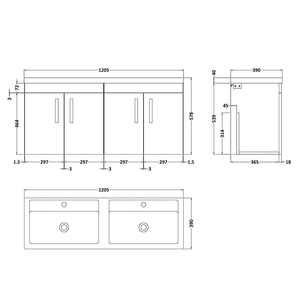 Fairford Carnation 1200mm Grey Avola Wall Hung 4 Door Double Vanity Unit