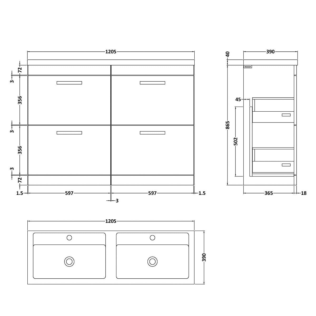 Fairford Carnation 1200mm Gloss White Floor Standing 4 Drawer Vanity Unit