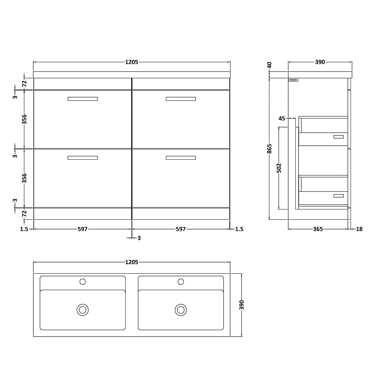 Fairford Carnation 1200mm Natural Oak Floor Standing 4 Drawer Vanity Unit