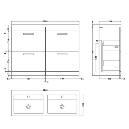 Fairford Carnation 1200mm Natural Oak Floor Standing 4 Drawer Vanity Unit