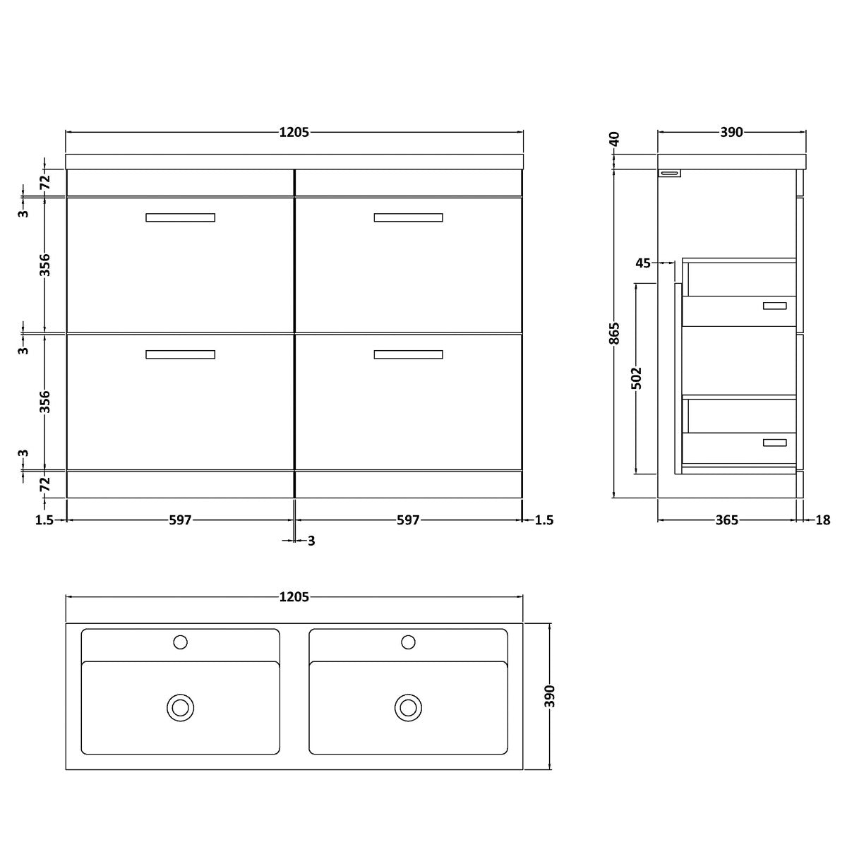 Fairford Carnation 1200mm Grey Avola Floor Standing 4 Drawer Vanity Unit