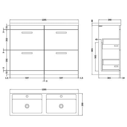 Fairford Carnation 1200mm Grey Avola Floor Standing 4 Drawer Vanity Unit