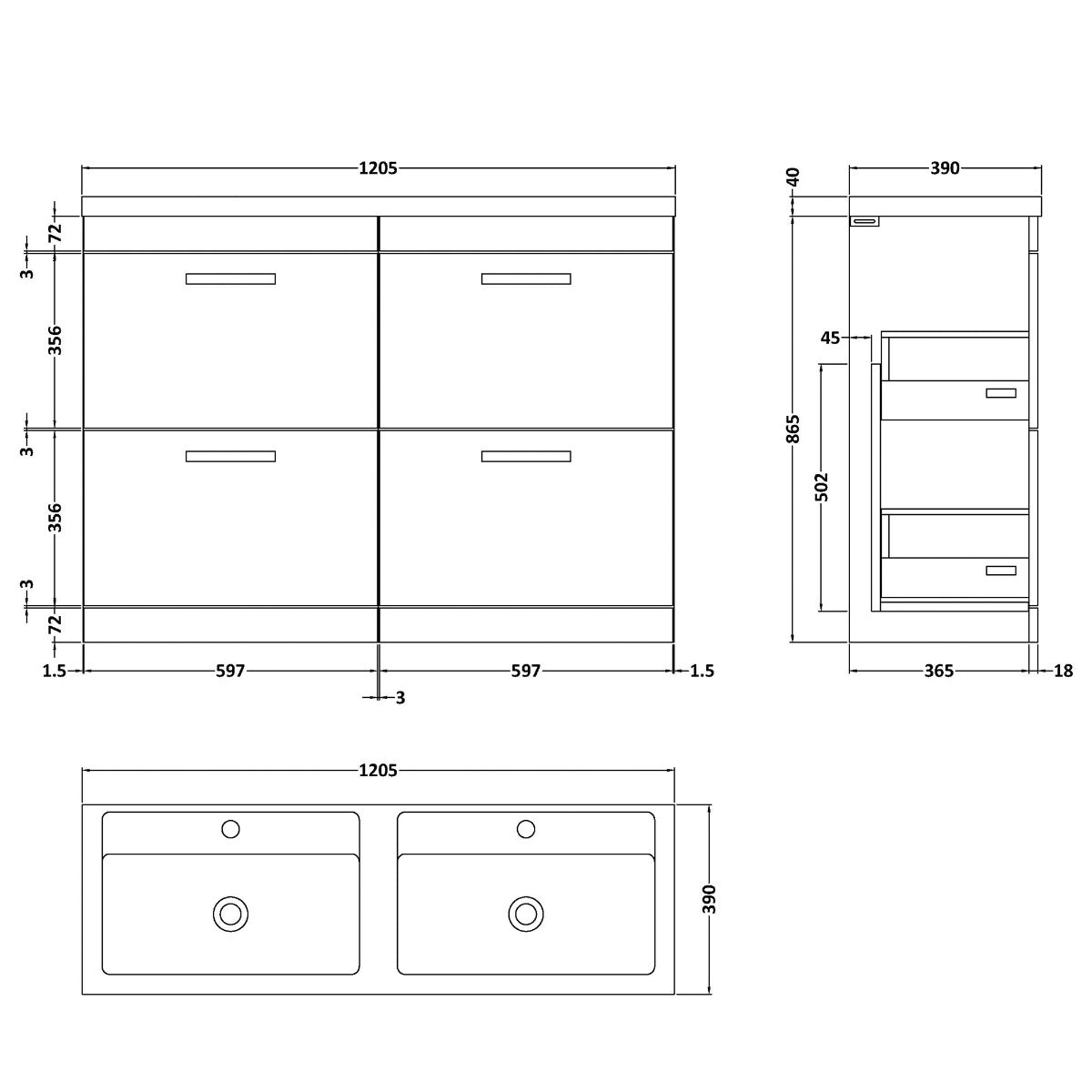 Fairford Carnation 1200mm Gloss Grey Floor Standing 4 Drawer Vanity Unit