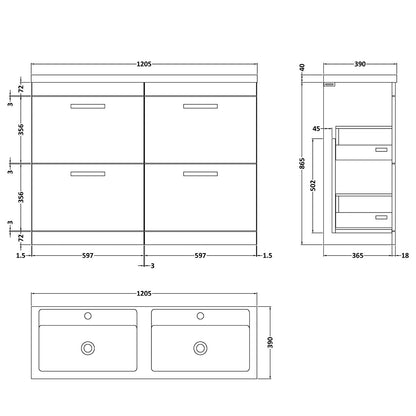 Fairford Carnation 1200mm Gloss Grey Floor Standing 4 Drawer Vanity Unit
