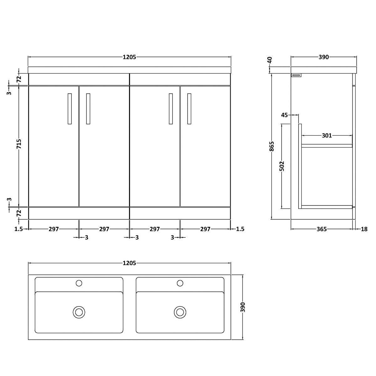 Fairford Carnation 1200mm Gloss White Floor Standing 4 Door Vanity Unit