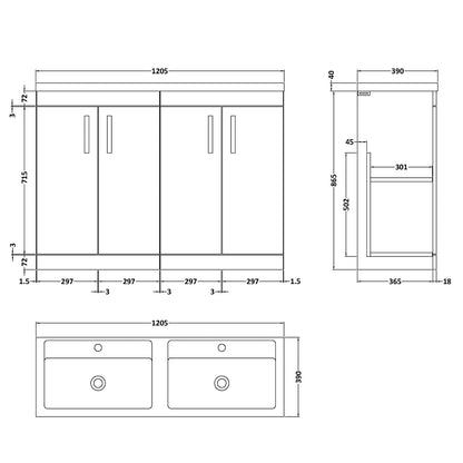 Fairford Carnation 1200mm Natural Oak Floor Standing 4 Door Vanity Unit
