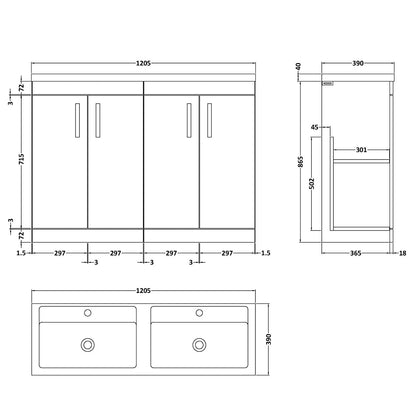 Fairford Carnation 1200mm Grey Avola Floor Standing 4 Door Vanity Unit