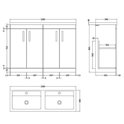 Fairford Carnation 1200mm Gloss Grey Floor Standing 4 Door Vanity Unit