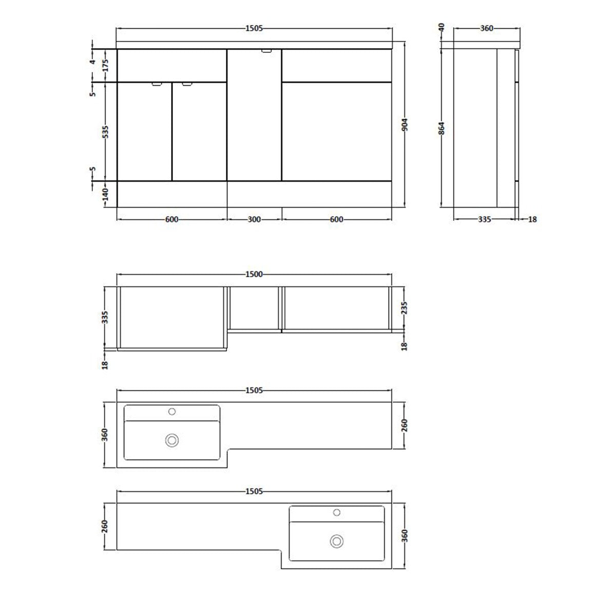 1500mm Gloss White Right Hand Pack
