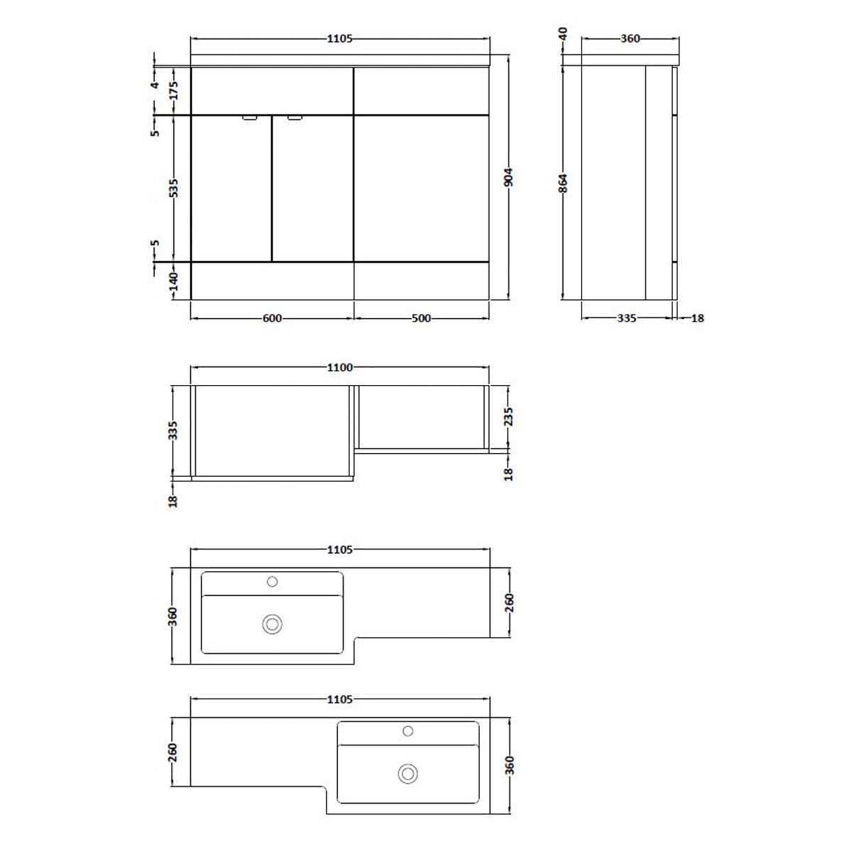 1100mm Grey Woodgrain Left Hand Pack