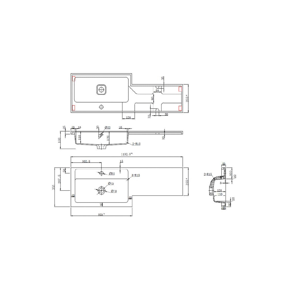 Fairford Union 1100mm LH L Shape Basin and Worktop