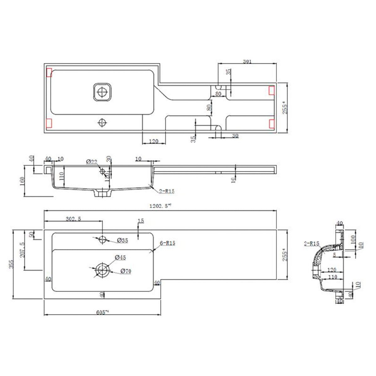 Fairford Union 1200mm LH L Shape Basin and Worktop