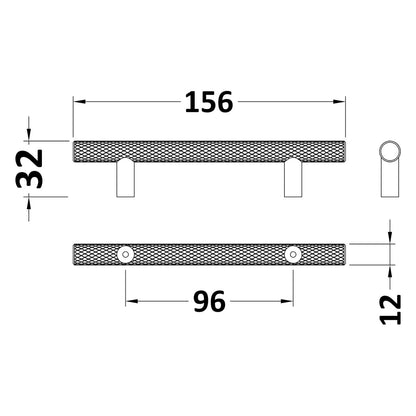 Knurled Bar Handle, Matt Black, 96mm Centres