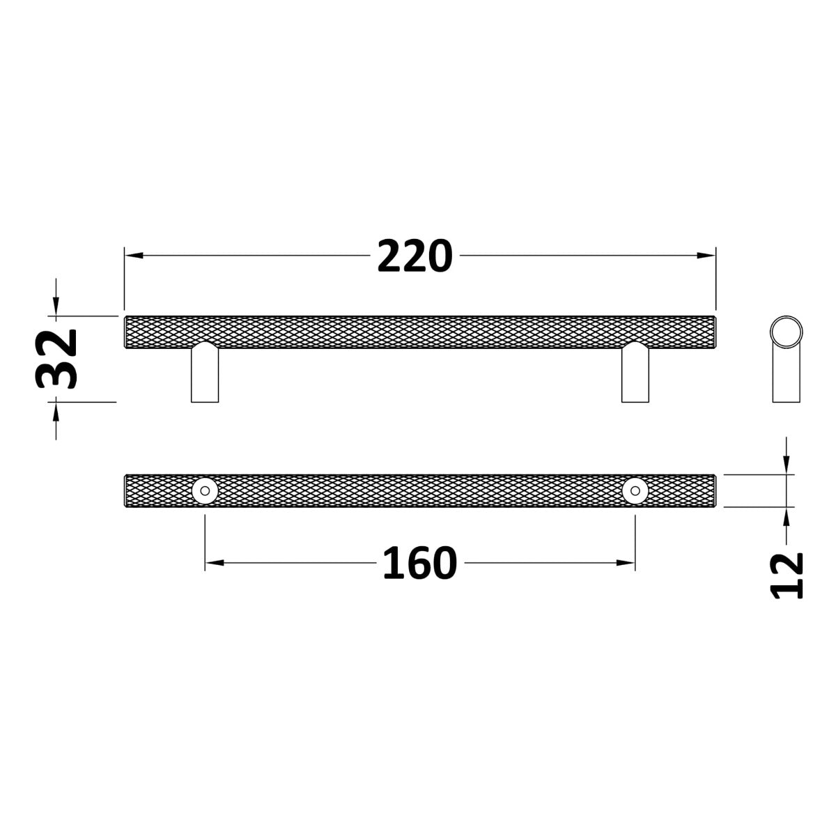 Knurled Bar Handle, Matt Black, 160mm Centres