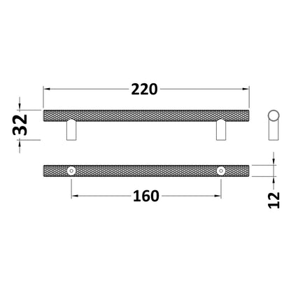 Knurled Bar Handle, Brushed Brass, 160mm Centres