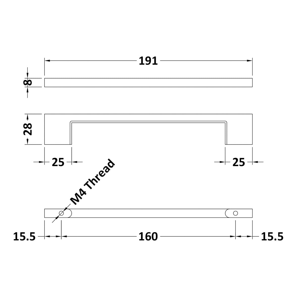 Slimline Square Handle, Chrome, 160mm Centres