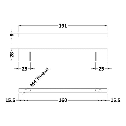 Slimline Square Handle, Chrome, 160mm Centres