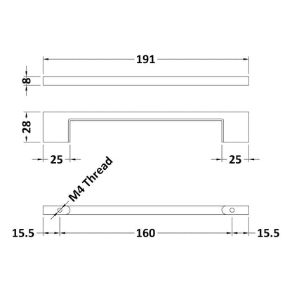 Slimline Square Handle, Matt Black, 160mm Centres