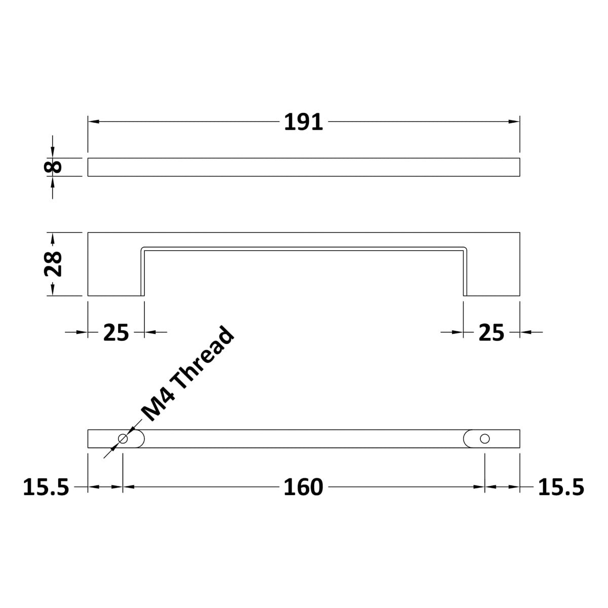 Slimline Square Handle, Brushed Brass, 160mm Centres