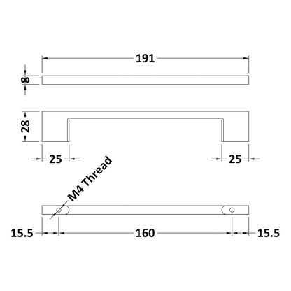 Slimline Square Handle, Brushed Brass, 160mm Centres