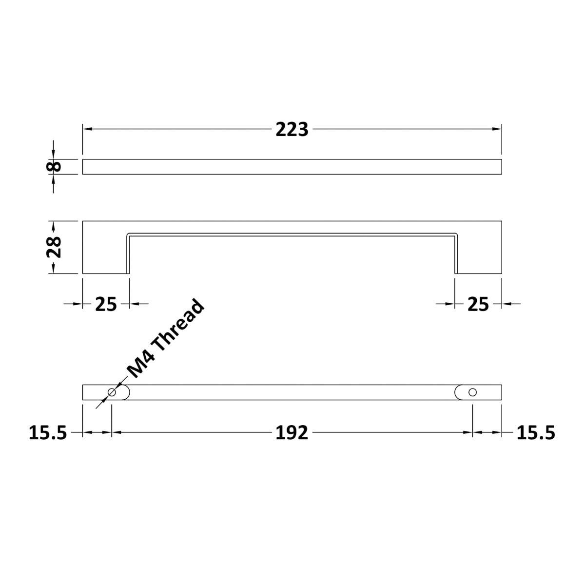 Slimline Square Handle, Matt Black, 192mm Centres