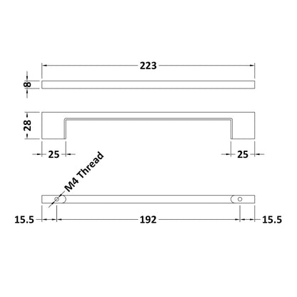 Slimline Square Handle, Matt Black, 192mm Centres
