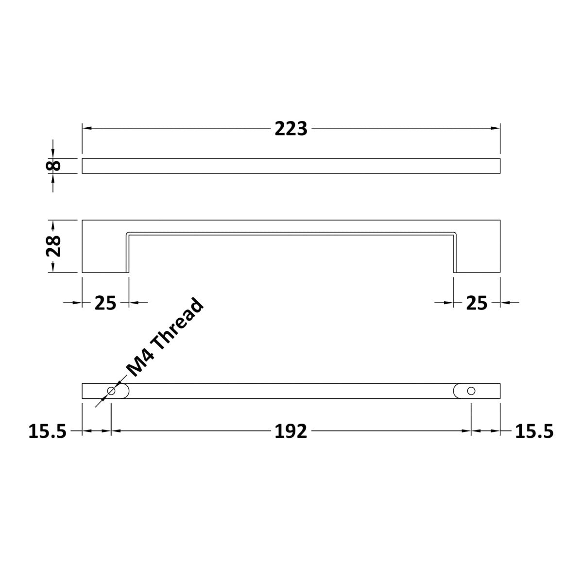Slimline Square Handle, Brushed Brass, 192mm Centres