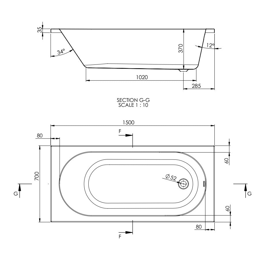 Rivato Florence 1500 x 700mm Bath with Radius Matt Black Screen