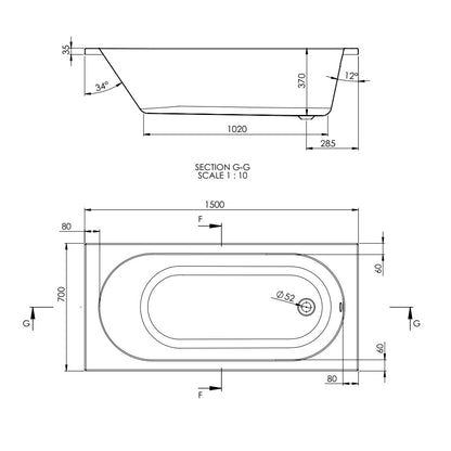 Rivato Florence 1500 x 700mm Bath with Radius Matt Black Screen