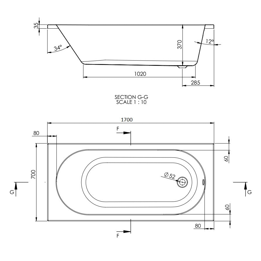 Rivato Florence 1700 x 700mm Bath with Radius Matt Black Screen