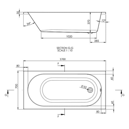 Rivato Milano 1700 x 700mm Bath with Rectangular Screen with Fixed Panel