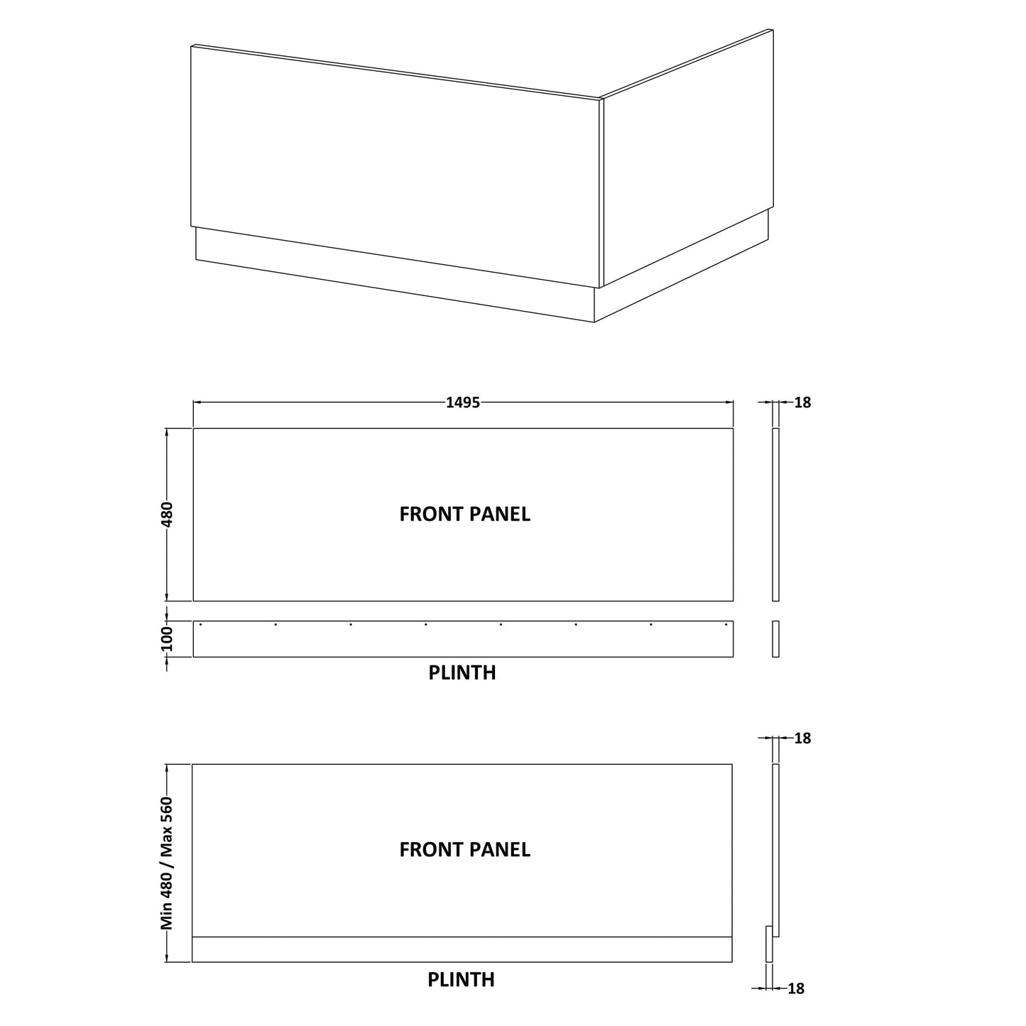 Fairford MDF White Straight Side Panel with Plinth, 1500mm