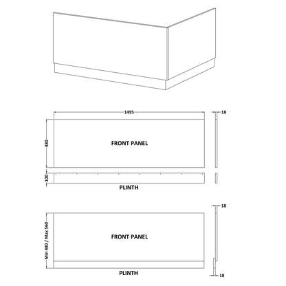 Fairford MDF White Straight Side Panel with Plinth, 1500mm
