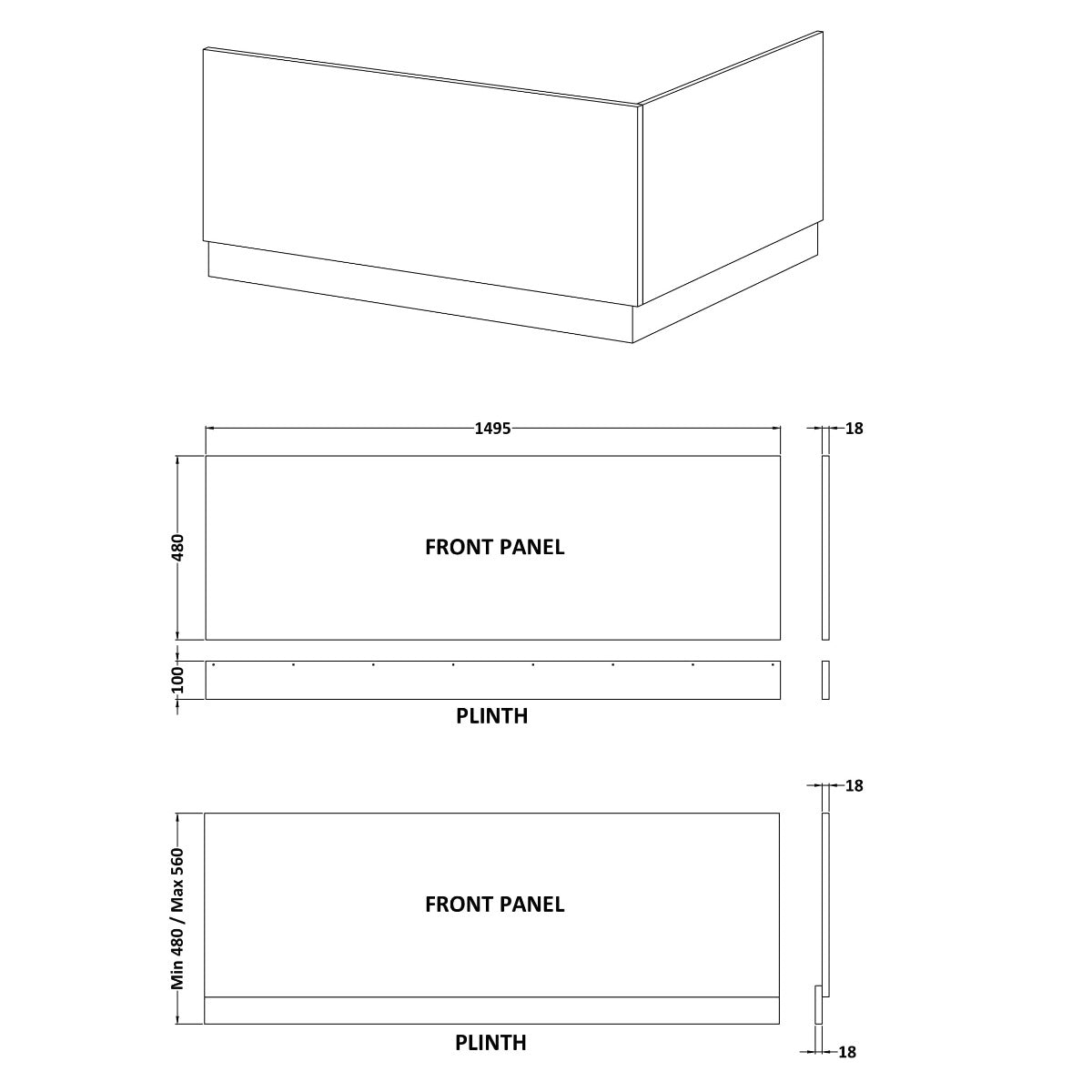 Rivato Florence 1500 x 700mm Bath with Radius Matt Black Screen