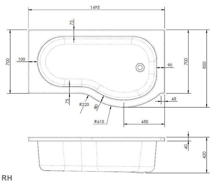 Fairford 1500 x 850 LH P Shape Bath with Screen and Panel