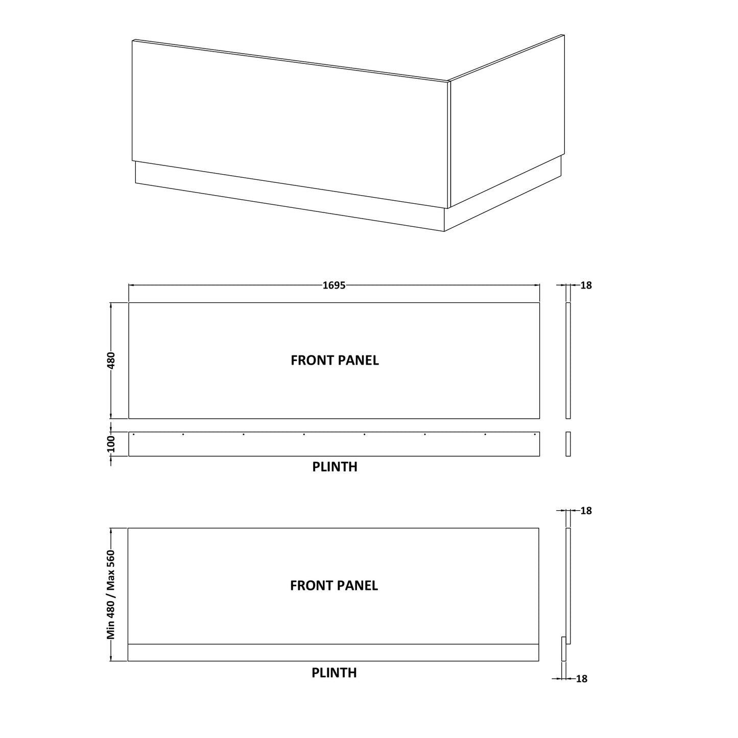 Fairford MDF White Straight Side Panel with Plinth, 1700mm