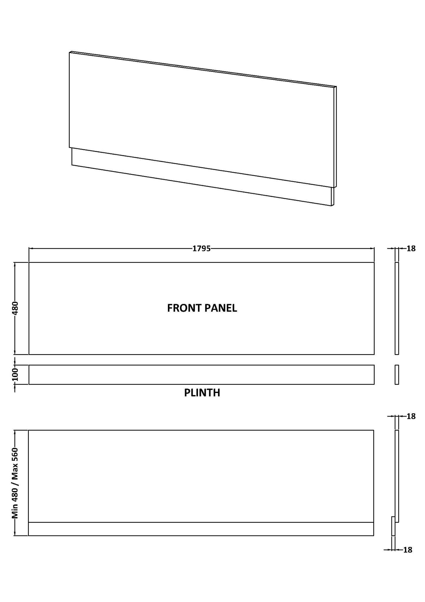 Fairford Charcoal Black Woodgrain 1800mm Bath Panel with Plinth
