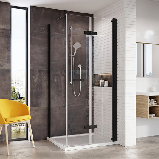 Fairford Pro 8 Black 900 x 800mm Frameless 8mm Bi-Fold Door Rectangular Shower Enclosure